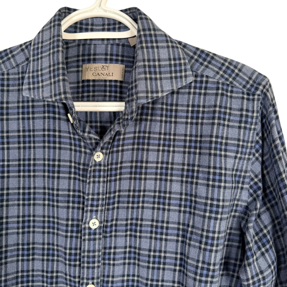 Canali Flannel Shirt Button Up Mens M Blue Plaid Italy L/S Cotton Spread Collar